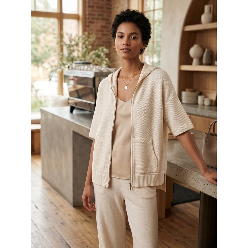 Loro Piana Silk Cotton Short Sleeve Zip Up Hoodie Cream Ivory Italy IT 44 $4200